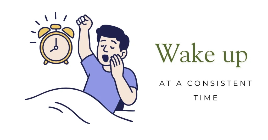 Man waking up early with alarm clock illustrating healthy morning routine and waking up at a consistent time