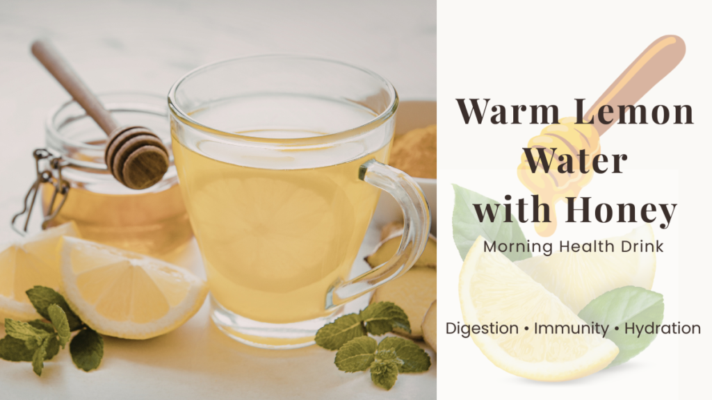 Glass of warm lemon water with honey showing healthy morning drink for digestion and immunity.
