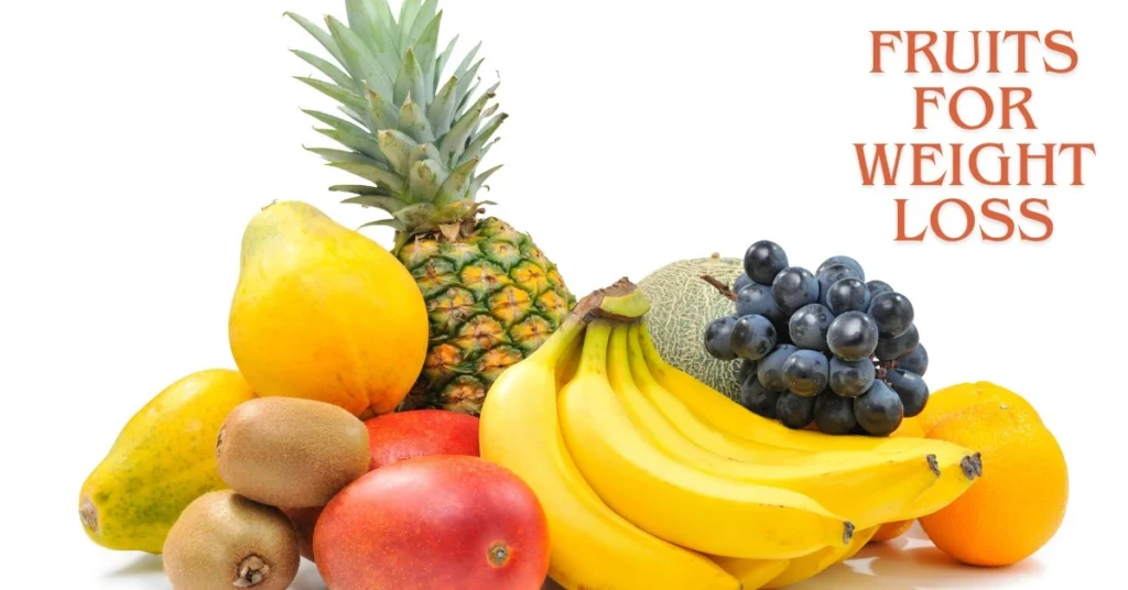 “fruits for weight loss including banana, pineapple, grapes, kiwi, mango and orange on white background”