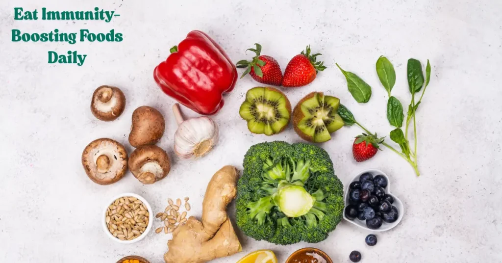 Immunity boosting foods including broccoli garlic ginger berries and vegetables for healthy diet