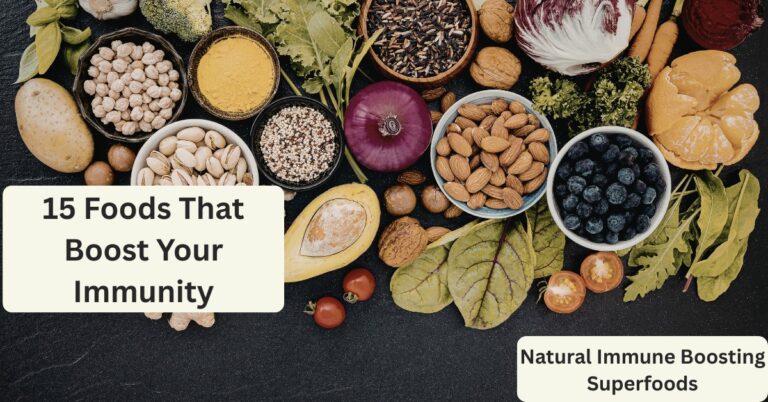 Healthy foods that boost your immunity including citrus fruits, garlic, spinach, ginger, and yogurt.