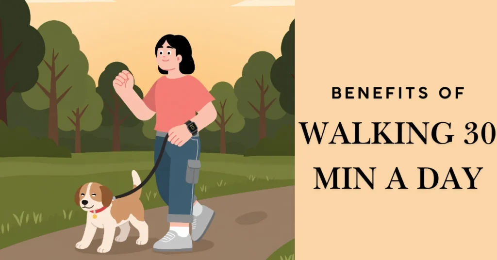 “Benefits of walking 30 minutes a day illustration of person walking dog in park for health and fitness”
