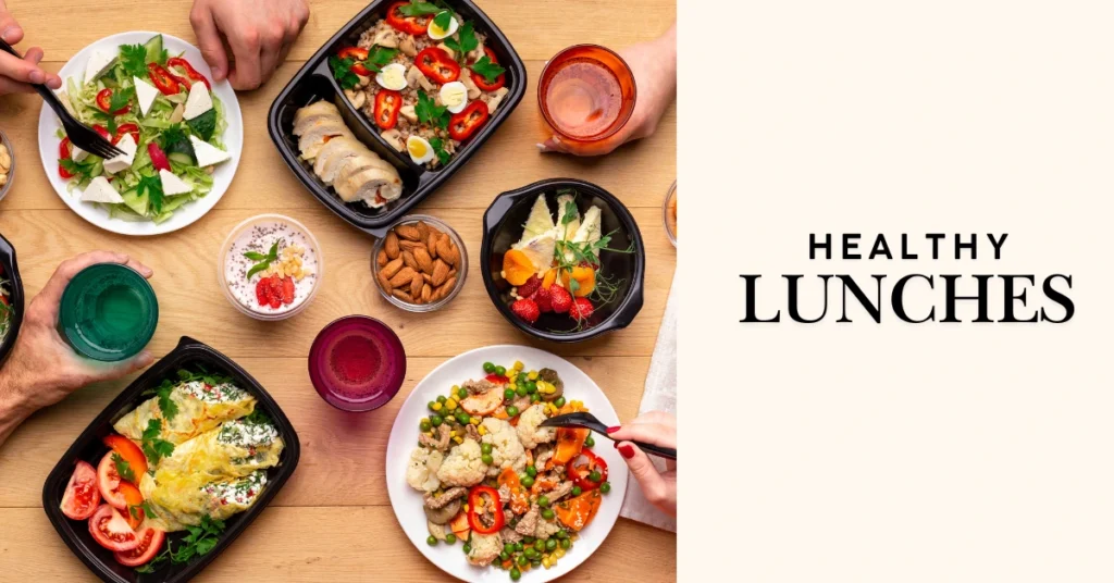 “Healthy lunches meal prep with salads fruits vegetables and balanced diet food on table”