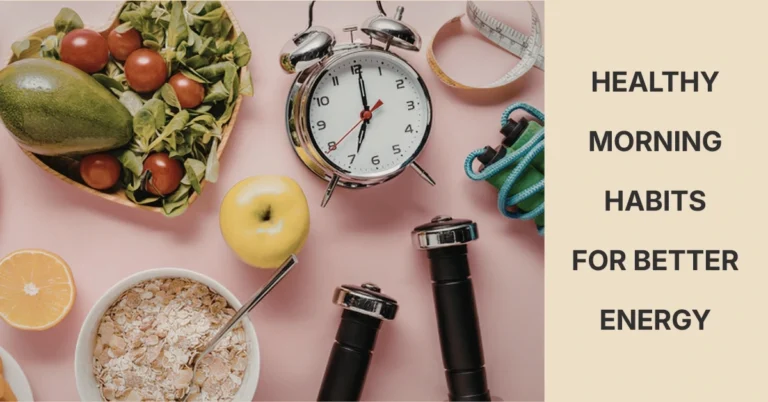 “Healthy morning habits for better energy with nutritious foods exercise equipment and alarm clock representing a productive morning routine”