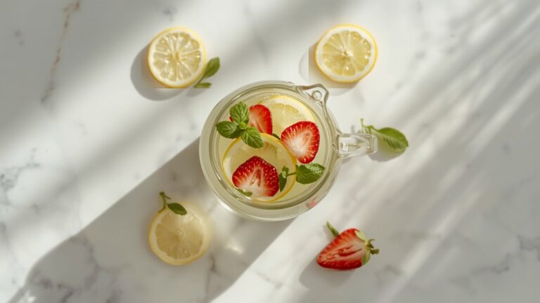 Glass pitcher of detox water infused with lemon, cucumber, strawberries, and mint leaves