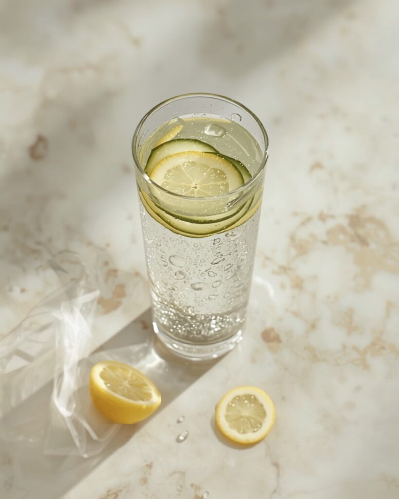 Glass of lemon-cucumber infused detox water with sliced lemon and cucumber