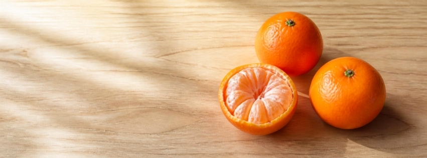 Three fresh mandarin oranges on a wooden surface, including one orange cut open to show the juicy segments.