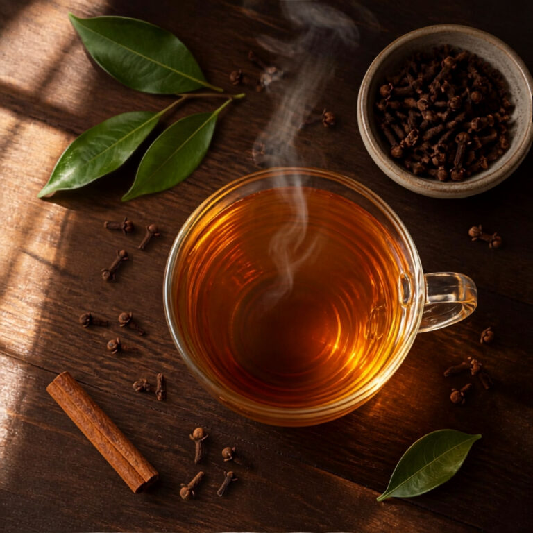 A steaming cup of clove tea with cinnamon, cloves, and fresh green leaves on a dark wooden table.