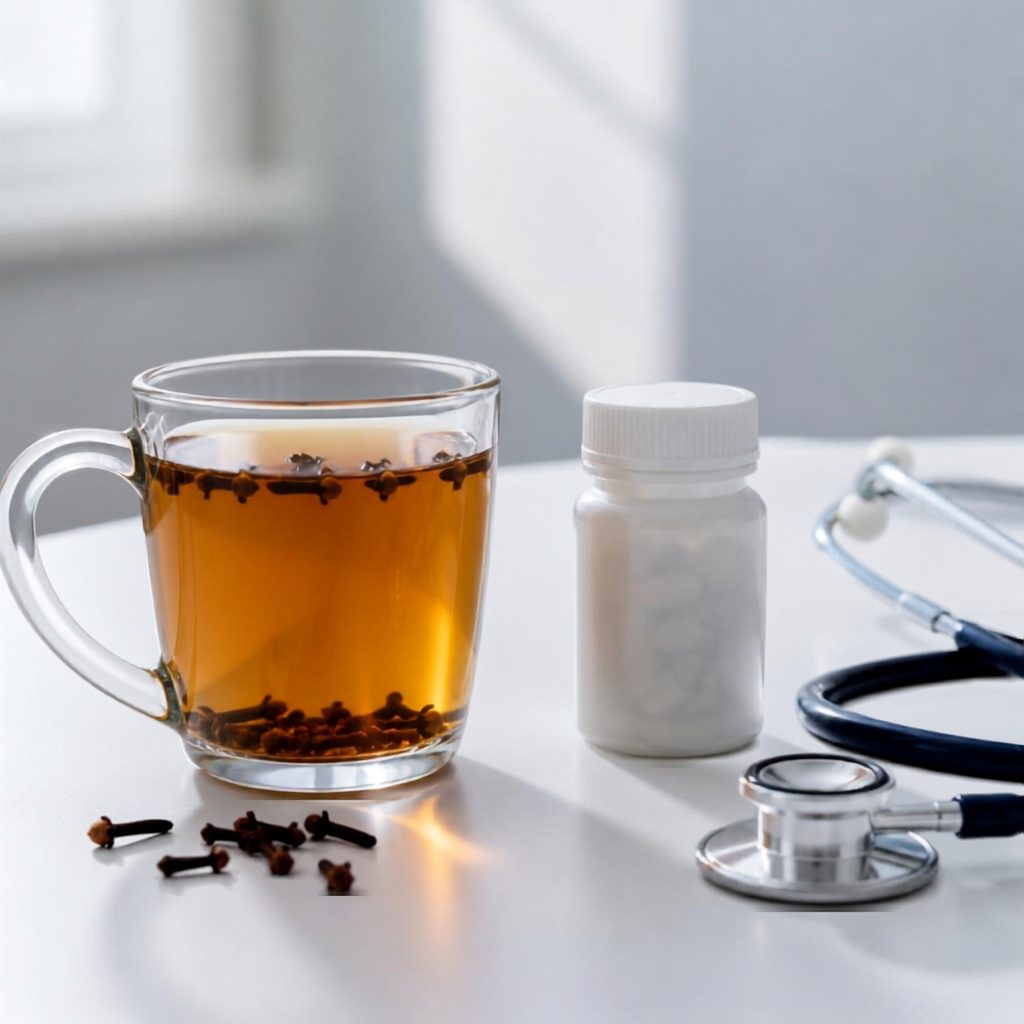 A cup of clove tea with whole cloves beside a medicine bottle and stethoscope on a white surface.