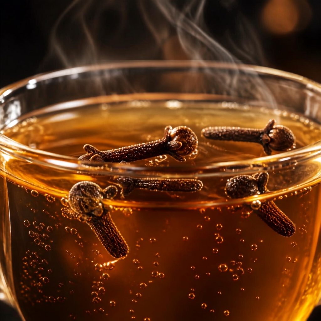 A steaming glass of warm clove tea with whole cloves floating in the amber-colored drink.