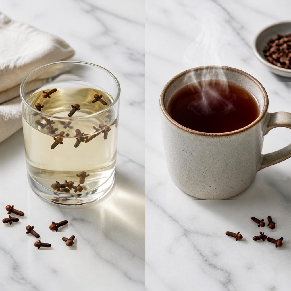 A glass of clove-infused water and a steaming cup of clove tea with whole cloves on a white marble surface.