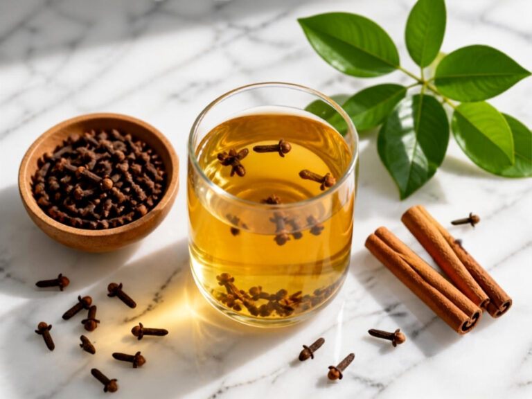 Glass of clove water with whole cloves on a wooden table — benefits of drinking clove water on empty stomach