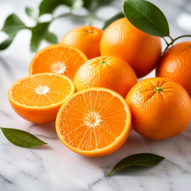 Fresh mandarin oranges sliced in half on a white marble surface with green leaves